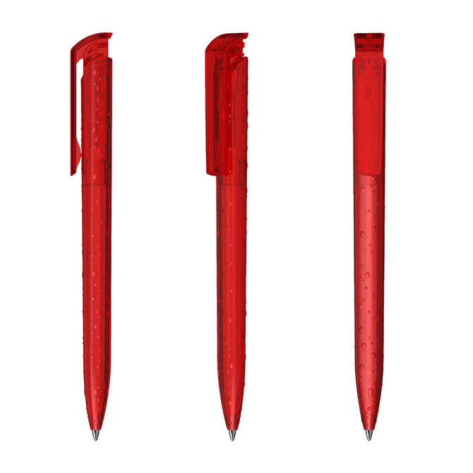 Three transparent red plastic pens, showcasing different angles, with a simple design and a clip.