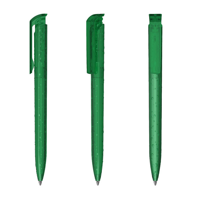 Three transparent green plastic pens with a sleek design and clip feature. Each pen is displayed from different angles.