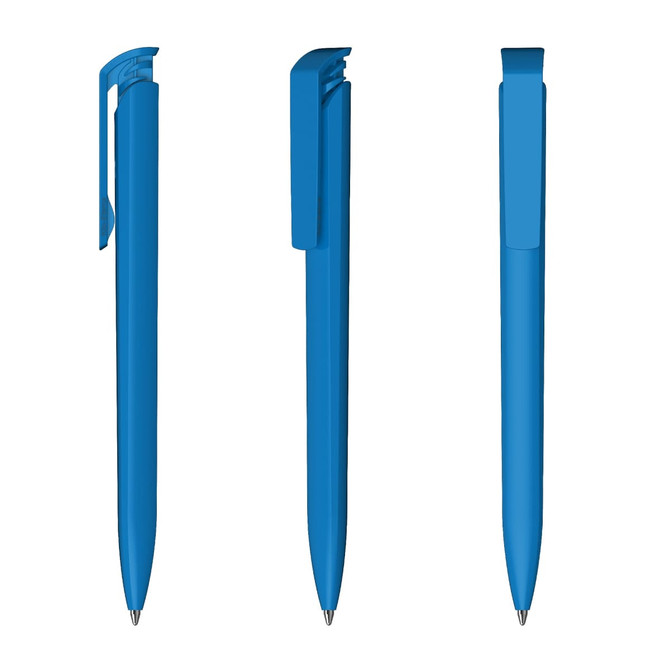 A blue plastic pen displayed from three angles, featuring a clip and a sleek design. It has a logo on the side.