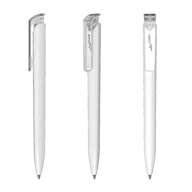 A set of three Trias High Gloss Transparent plastic pens in white, featuring a clip and sleek design.