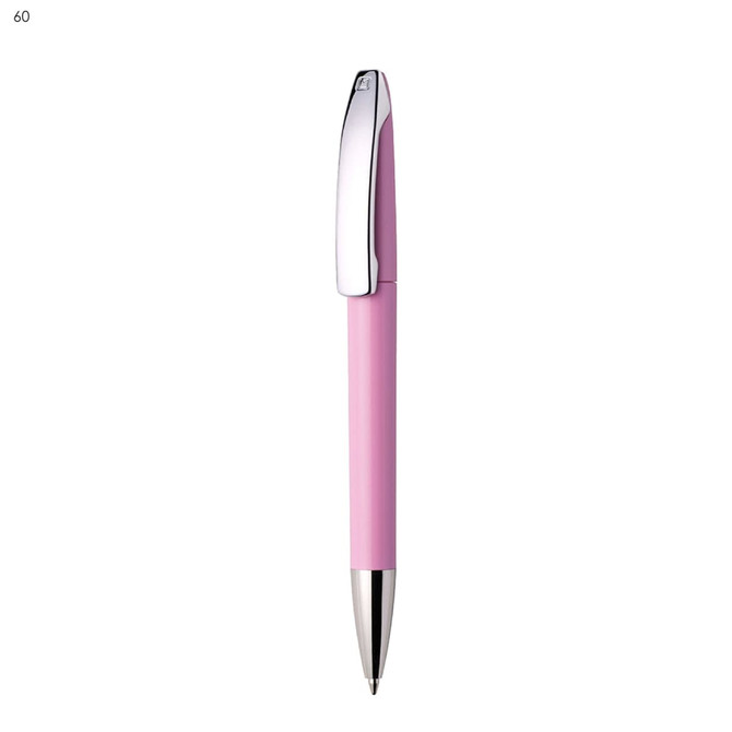A pink plastic pen with a chrome clip and a shiny silver tip, featuring a branding logo.