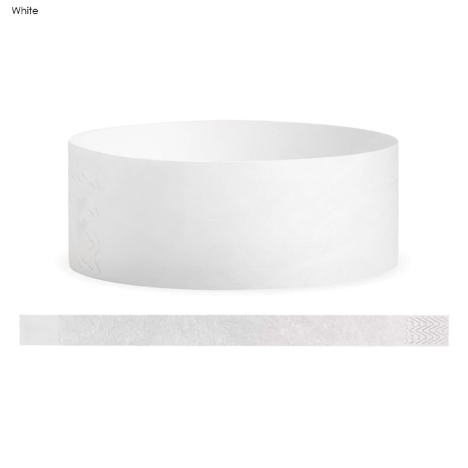 A white Tyvek adult wristband, 25mm wide, featuring a logo and a textured seal for fastening.