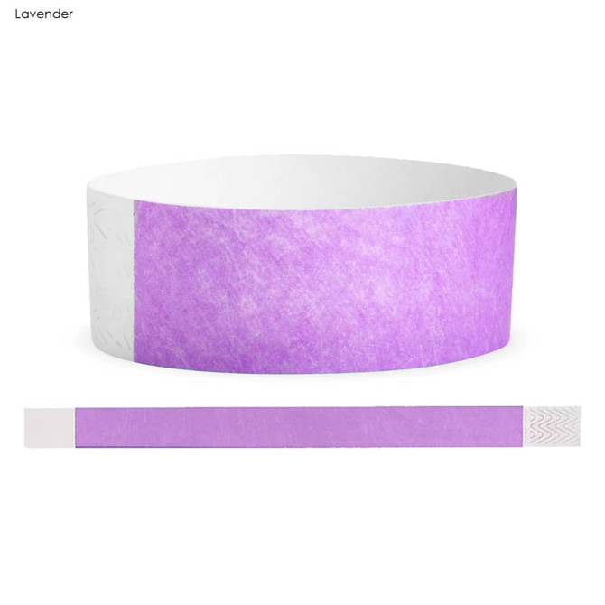 A lavender Tyvek adult wristband, 25mm wide, featuring a smooth texture and a secure fastening.