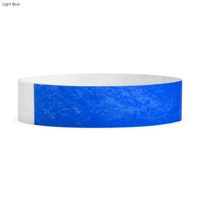 A light blue Tyvek wristband with a white section, designed for events and exhibitions, featuring a logo.