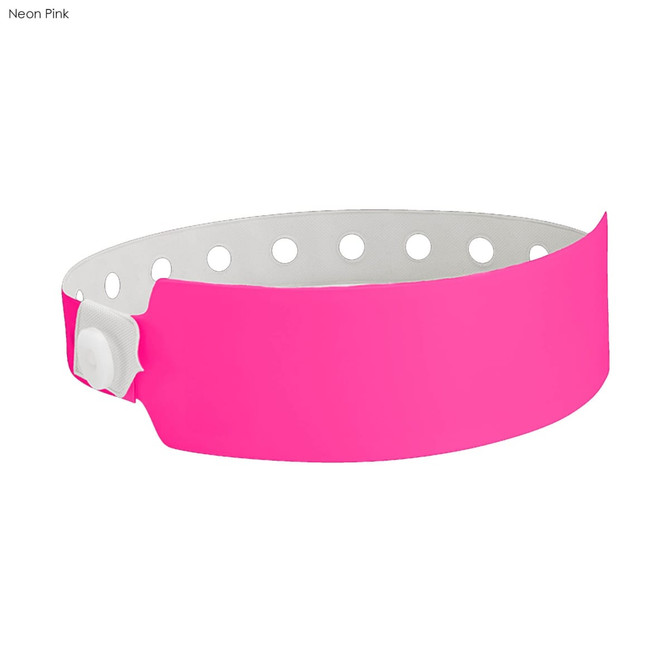 A neon pink vinyl wristband with a white inner lining and circular cutouts, featuring a fastening mechanism.