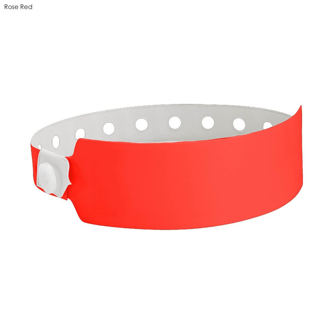 A rose red vinyl wristband with a white interior and a snap button closure, featuring multiple holes for adjustment.