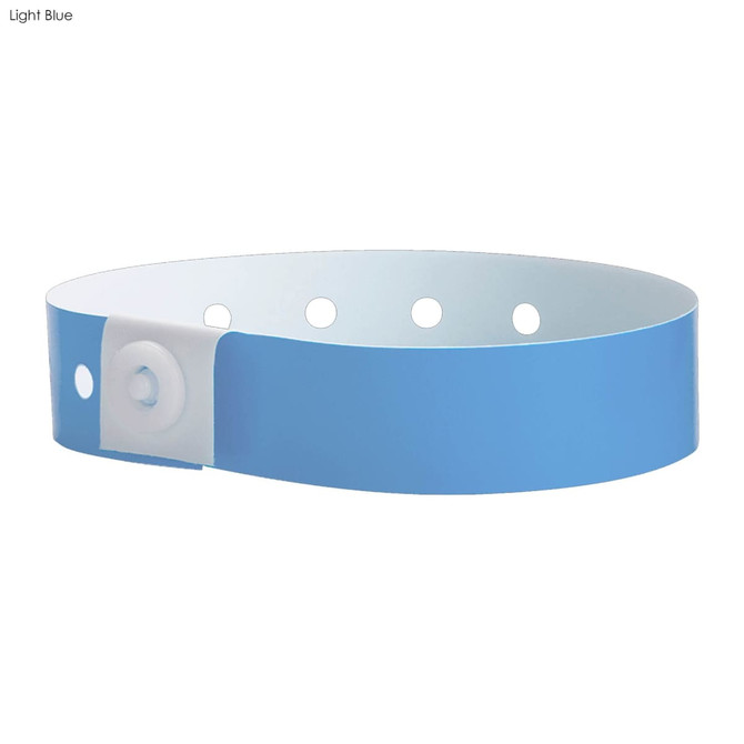 A light blue vinyl wristband with a snap closure and evenly spaced holes for adjustment. Features a logo.