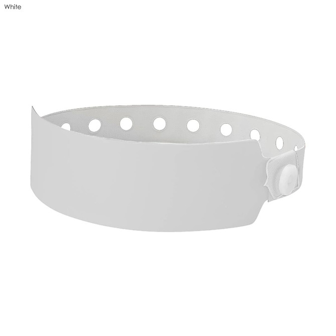 A white plastic wristband with perforations and a snap closure, designed for events and exhibitions.