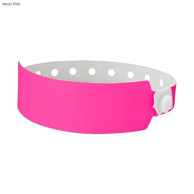 A neon pink plastic wristband with holes and a snap closure, designed for events and exhibitions.
