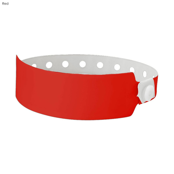 A red plastic wristband with white interior and multiple holes, featuring a fastening button.