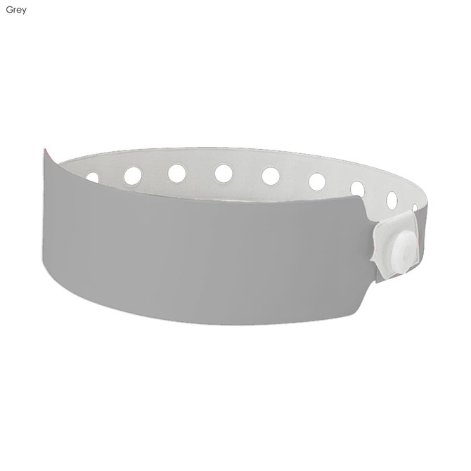 A grey plastic wristband featuring holes and a secure fastening. Includes a logo.