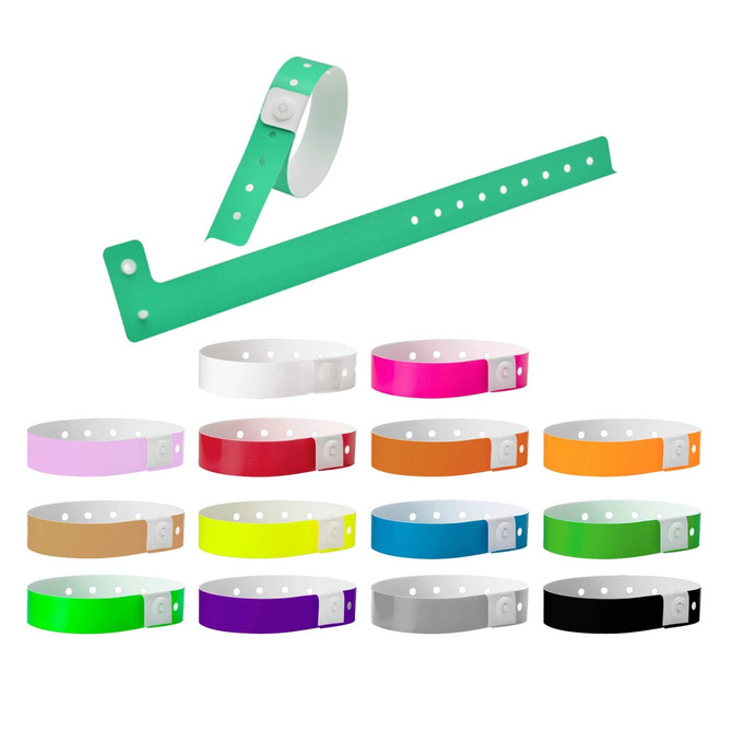 A collection of event wristbands in various colours including green, pink, white, red, and orange, featuring a logo.