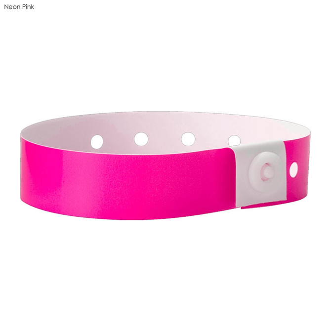 A neon pink plastic wristband with a secure fastening and multiple holes for size adjustment.