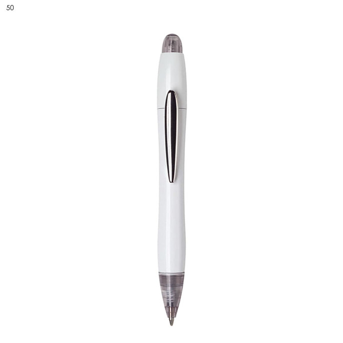 A white plastic pen with a clear tip and a silver coloured clip, featuring a branding logo.