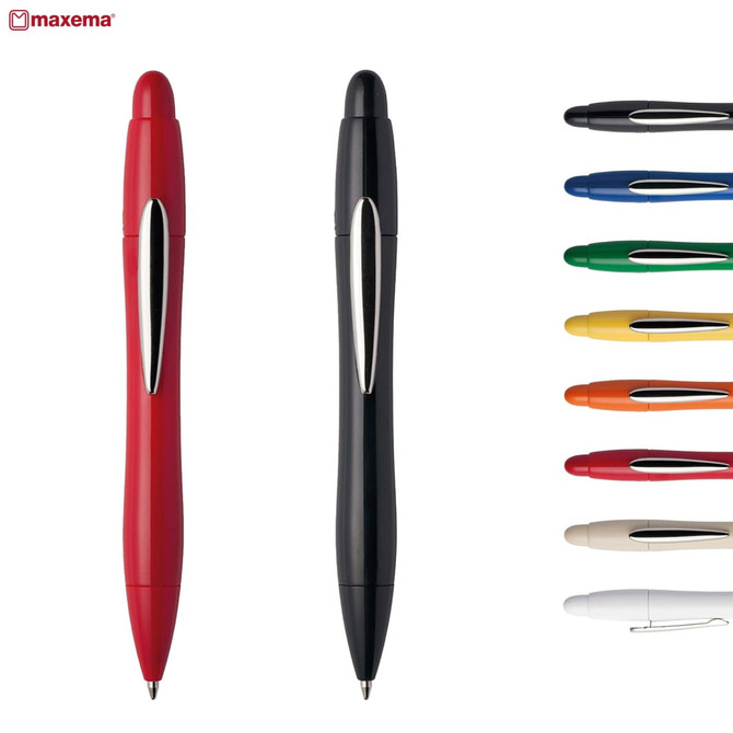 A red and a black plastic pen, with a variety of additional pen colours displayed alongside. Each pen has a sleek design and a logo.