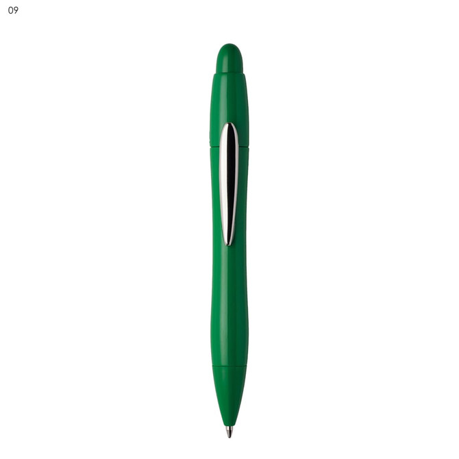 A green plastic pen with a smooth finish and a silver clip, featuring a simple design and logo.