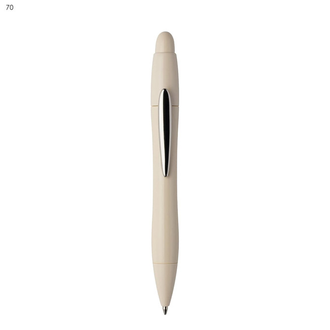 A plastic pen in a creamy white colour with a sleek silver clip and tip.