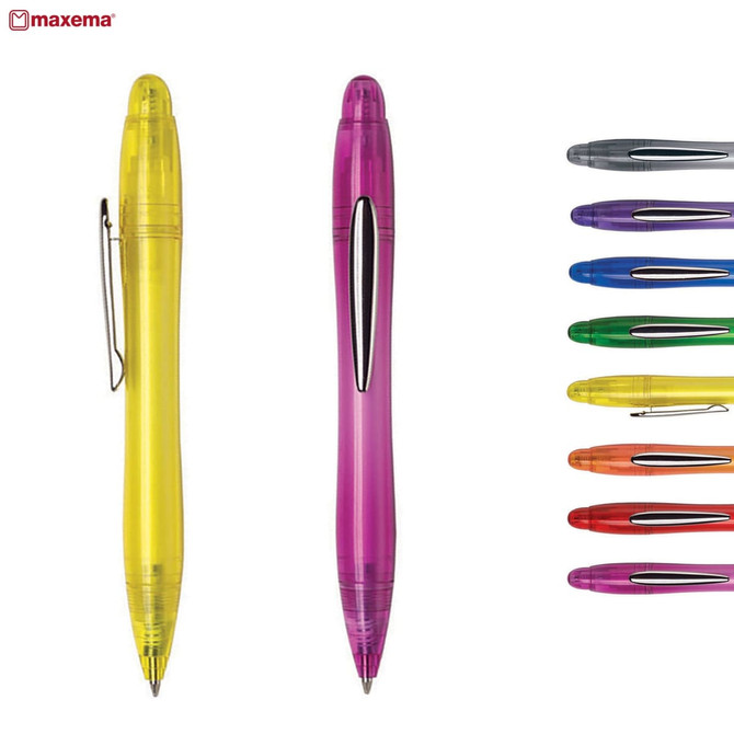 A collection of plastic pens in various colours, including yellow, pink, and multiple other shades. Each pen has a clip and a logo.