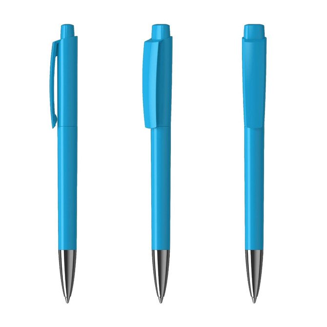 A set of three blue metal pens with chrome accents, featuring different angles and a logo on the barrel.