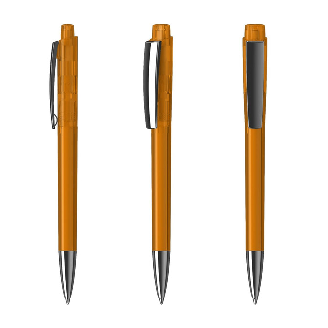 A clear orange plastic pen with a chrome tip and a clip, displaying three different angles.