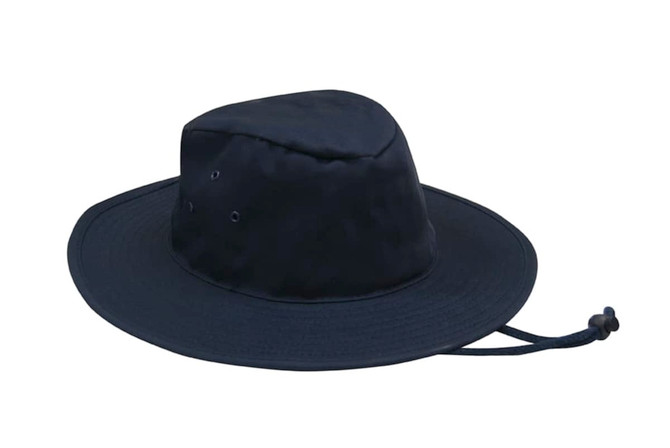 A black Poly Cotton Slouch Hat with ventilation holes and an adjustable drawstring. It has a simple design and no visible branding.