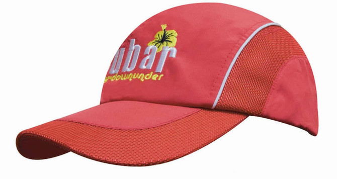 A red woven fabric cap with mesh side panels and peak, featuring a logo on the front.