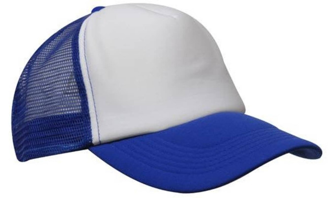 A truckers mesh cap featuring a white front panel and blue brim and mesh sides. It has a logo on the front.