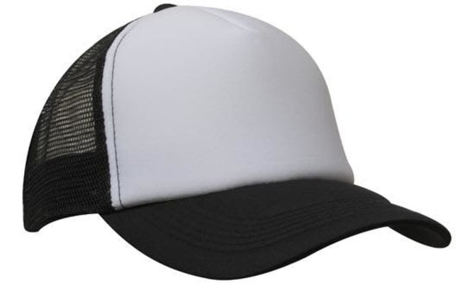 A truckers mesh cap featuring a white front and black mesh sides and brim, with a logo on the front.