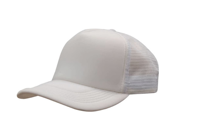 A white truckers mesh cap featuring a solid front and breathable mesh panels at the back.