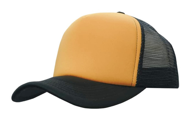 A yellow and black trucker mesh cap with a curved brim and a mesh back. Features a logo on the front.