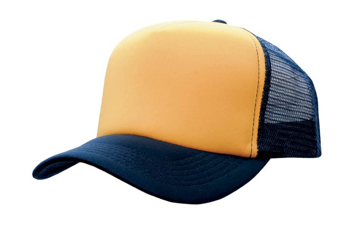 A yellow and navy trucker mesh cap featuring a solid front and mesh sides, with an adjustable back.