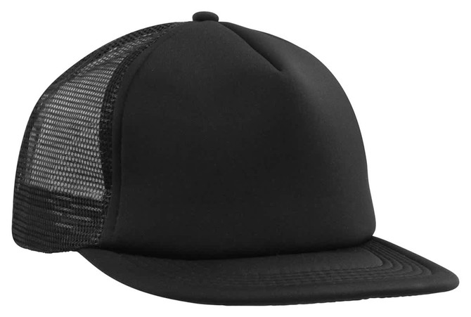 A black flat peak trucker mesh cap with a solid front and mesh back, featuring a logo.