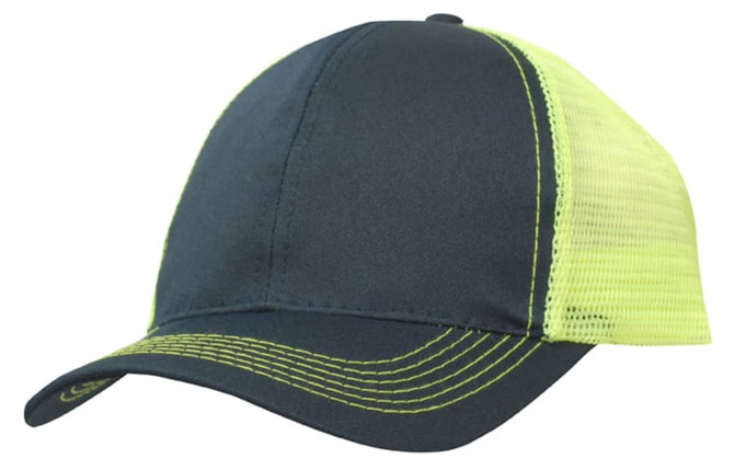 A dark navy cap with a bright yellow mesh back and contrasting stitching, featuring a logo on the front.