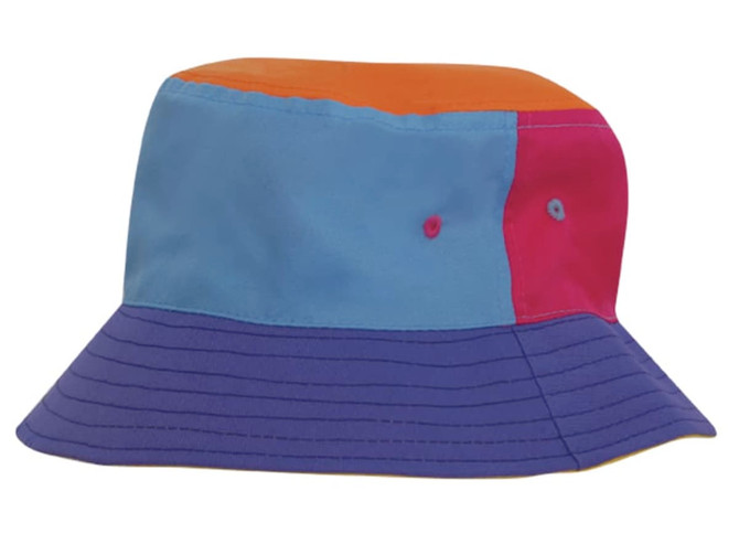 A multicoloured breathable poly twill child's bucket hat featuring blue, orange, pink, and purple sections with a logo.