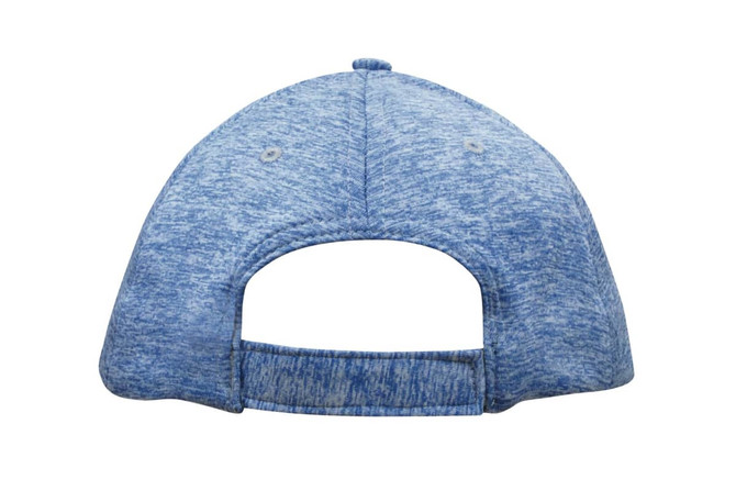 A blue marled sports cap with an adjustable back strap and a logo on the side.