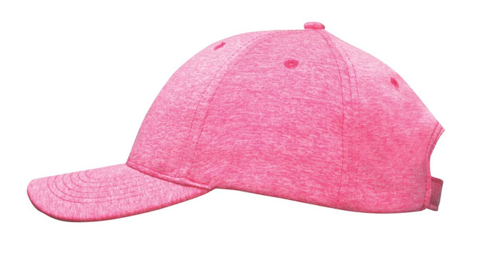 A pink cap with a curved brim, featuring a heathered design and an adjustable strap at the back.