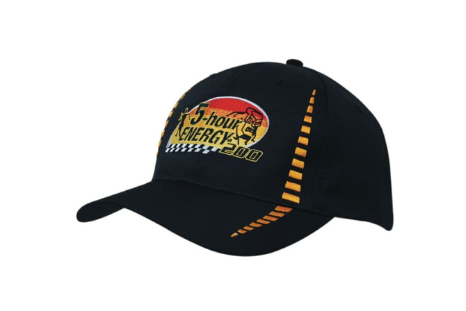 A black cap featuring a small check pattern and a logo on the front. It has a curved brim and embroidered details.