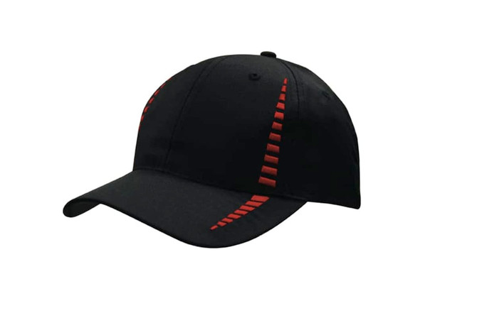 A black cap featuring small red check patterning and a branded logo on the front.