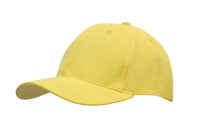 A yellow breathable poly twill cap with a curved brim and a logo on the front.