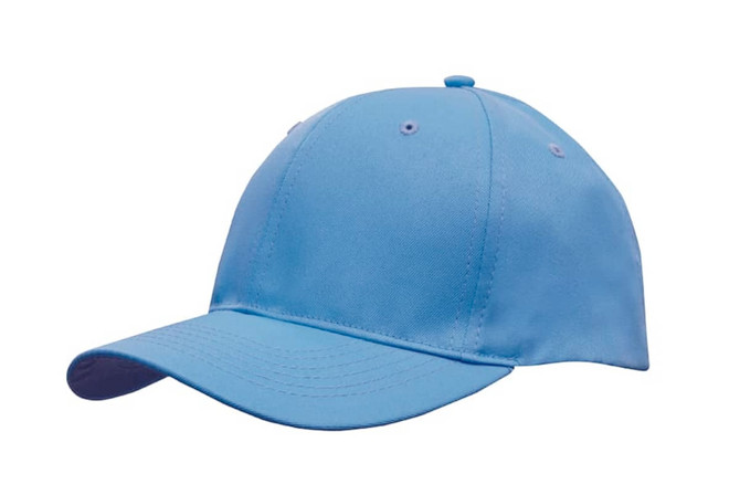 A blue breathable poly twill cap with a curved brim and a logo on the front.