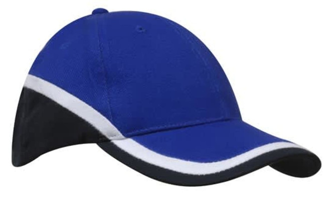A blue and black tri-coloured cap with a white stripe and a logo on the front.