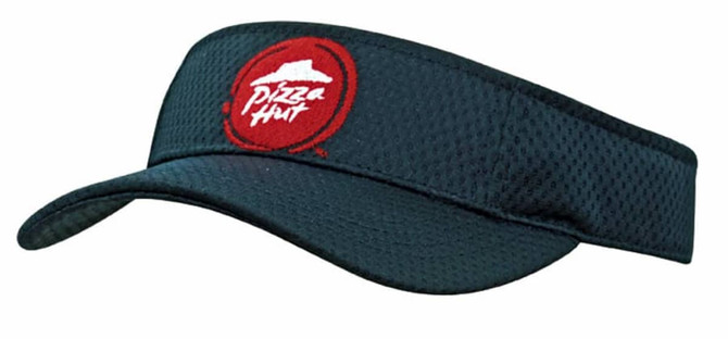 A dark green sports mesh visor featuring a red logo on the front.