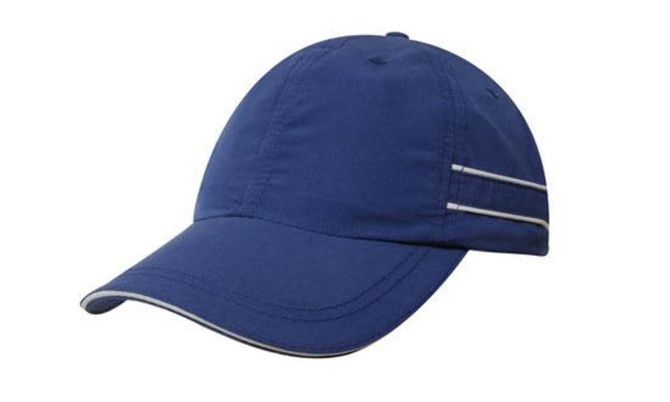 A navy blue microfibre sports cap featuring piping and a sandwich peak. It includes a logo on the side.