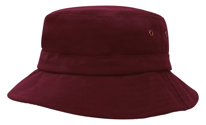 A burgundy child's bucket hat featuring a wide brim and an eyelet for ventilation. It has a simple design and a logo.