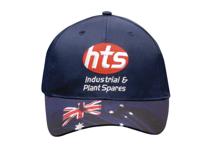 A navy blue cap featuring a logo and an Australian flag design on the front.