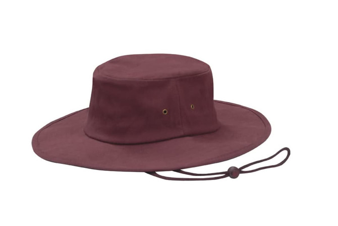 A maroon brushed heavy cotton hat with a wide brim and a drawstring. It features eyelets for ventilation.
