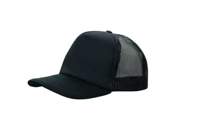 A black truckers mesh cap featuring a solid front and mesh back, with a curved peak.