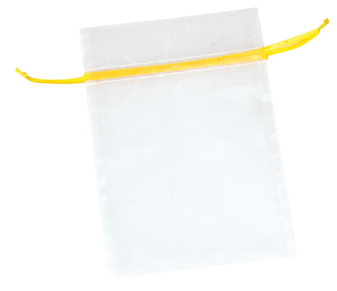 A small, translucent white organza bag with a yellow drawstring closure. It features a plain design without logos.