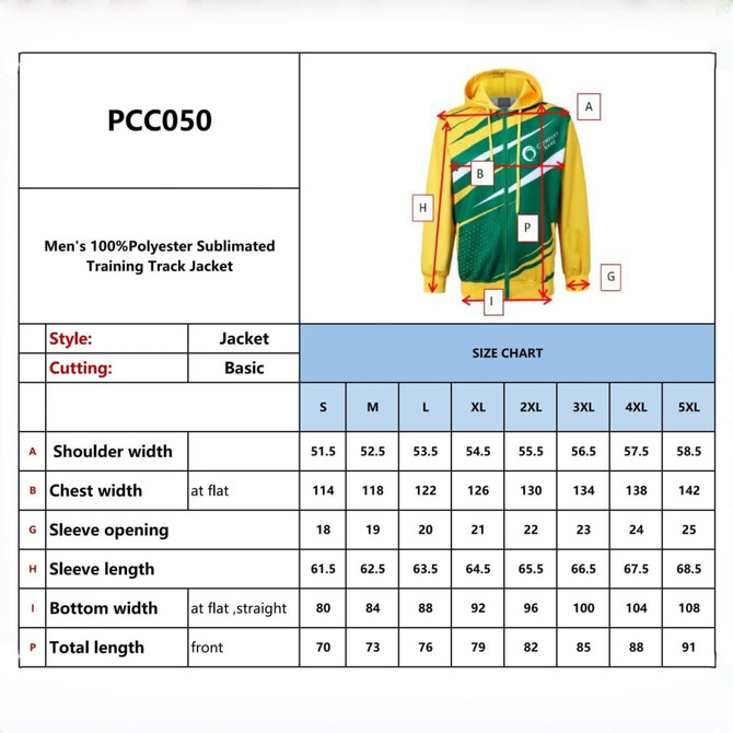 A men's track jacket in yellow and green with a logo, featuring a modern sublimated design and detailed sizing information.