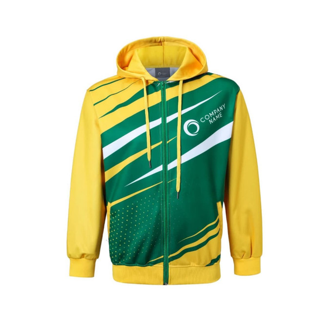 A men's track jacket in green and yellow with a design pattern and a logo. It features a hood and zip closure.